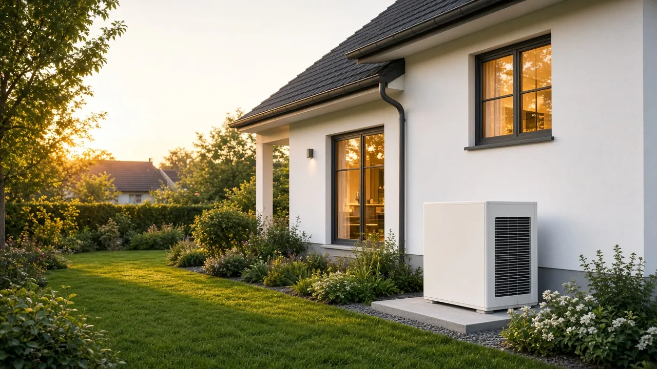 Weißes Einfamilienhaus im Abendlicht, daneben das Außengerät einer Luft-Wasser-Wärmepumpe auf einem Betonsockel